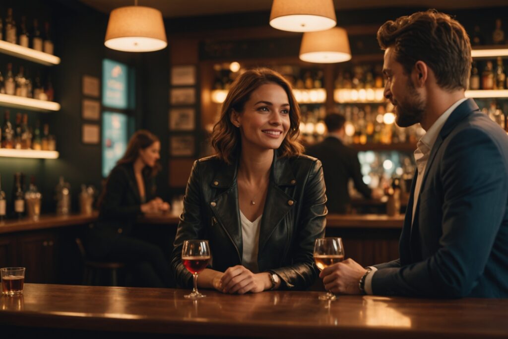 Un couple se rencontre pour la première fois dans un bar en soirée