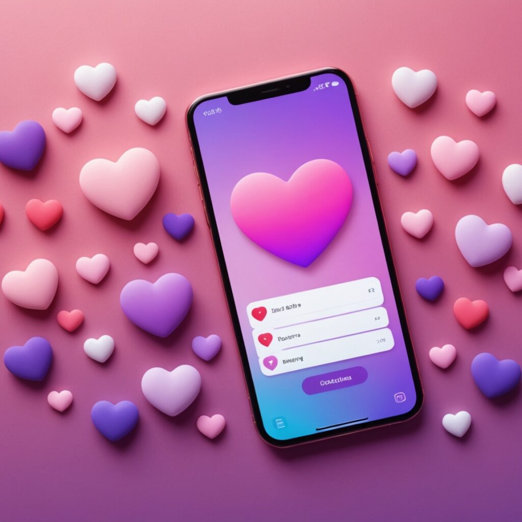 Smartphone avec interface d'application de rencontre stylisee sur fond rose et violet degrade