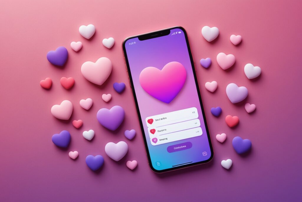 Smartphone avec interface d'application de rencontre stylisee sur fond rose et violet degrade