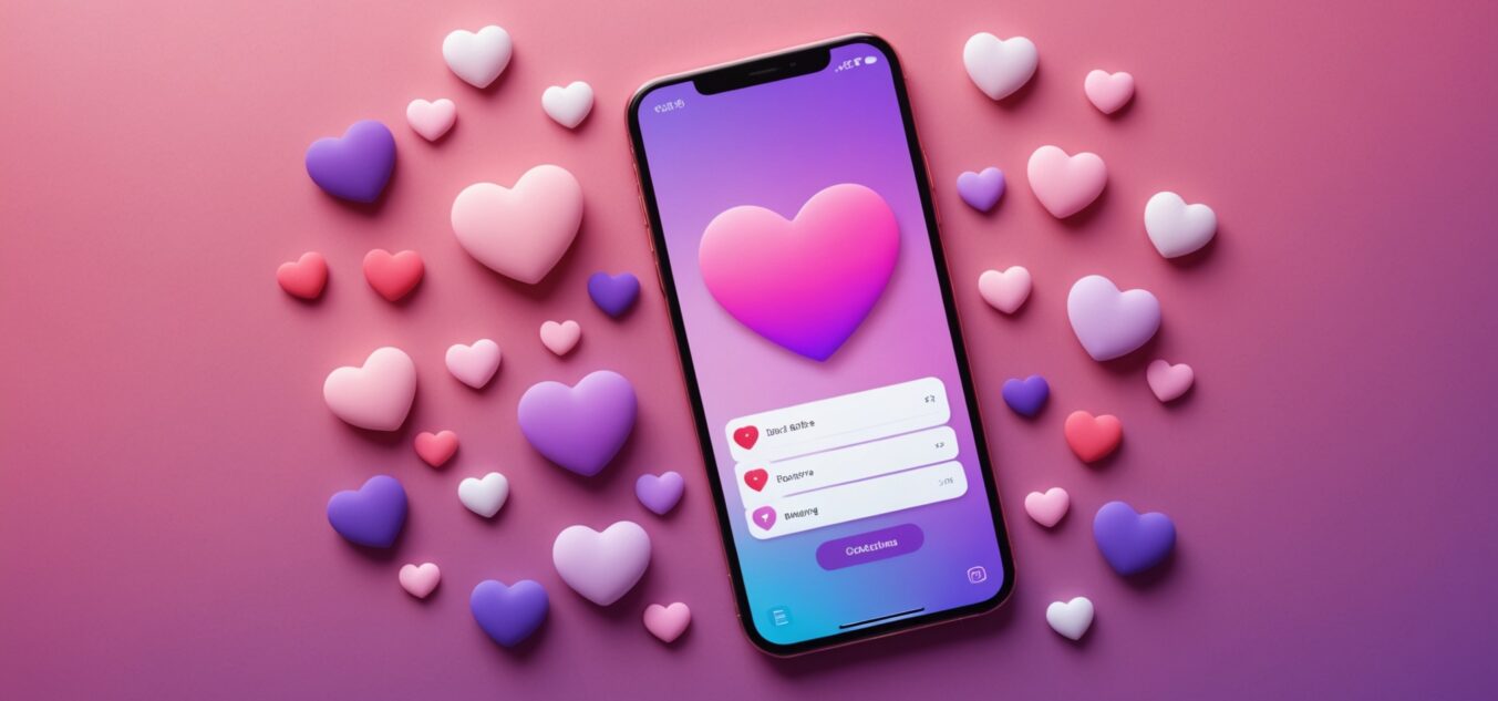 Smartphone avec interface d'application de rencontre stylisee sur fond rose et violet degrade