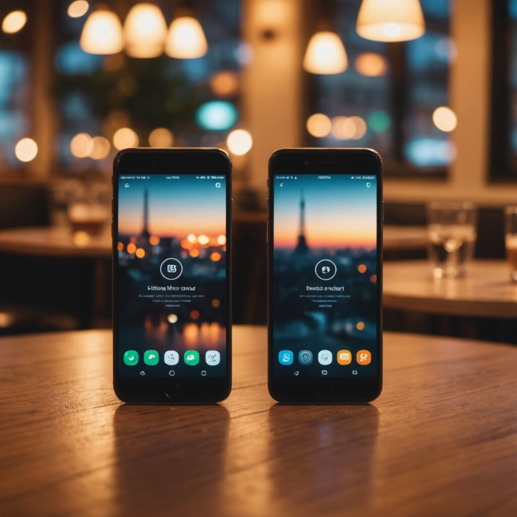 Deux smartphones affichant des applications de rencontre sur une table de café