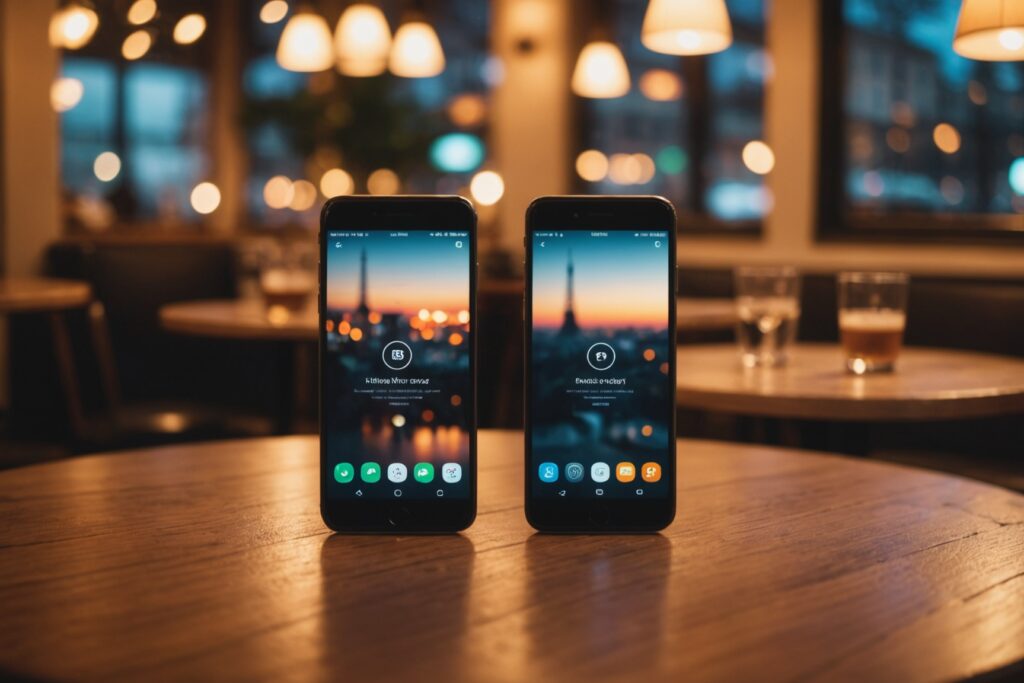 Deux smartphones affichant des applications de rencontre sur une table de café