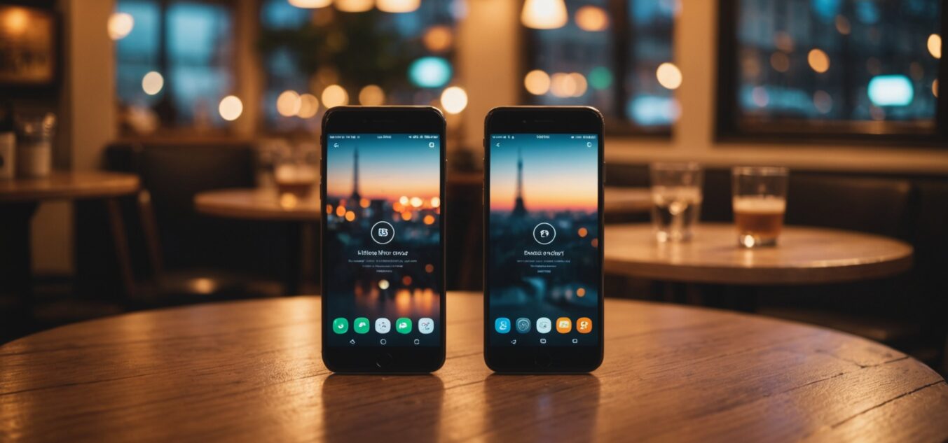 Deux smartphones affichant des applications de rencontre sur une table de café