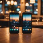 Deux smartphones affichant des applications de rencontre sur une table de café