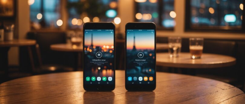Deux smartphones affichant des applications de rencontre sur une table de café
