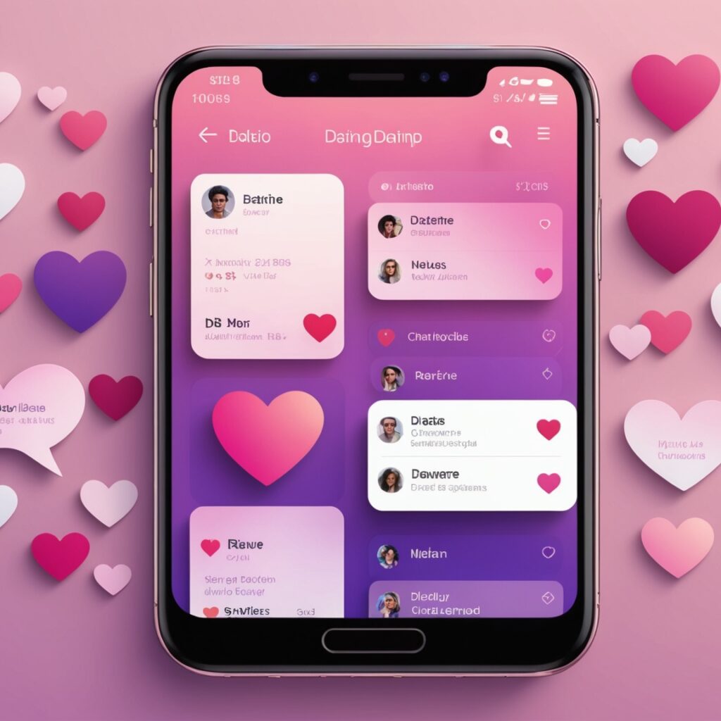 Illustration d'une application de rencontre sur smartphone avec profils et coeurs