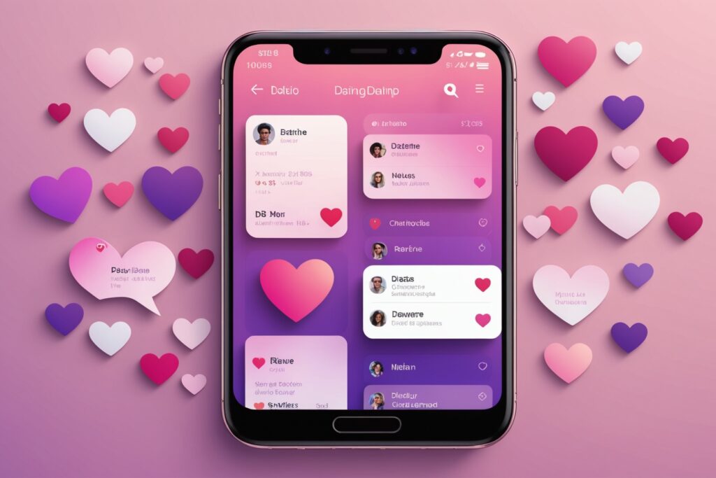 Illustration d'une application de rencontre sur smartphone avec profils et coeurs