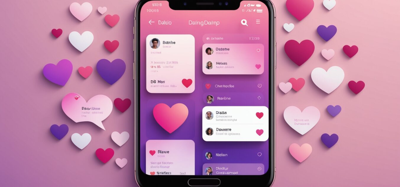 Illustration d'une application de rencontre sur smartphone avec profils et coeurs