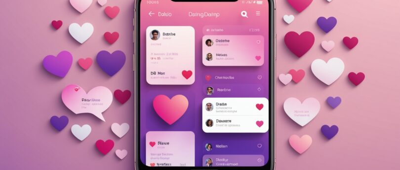 Illustration d'une application de rencontre sur smartphone avec profils et coeurs