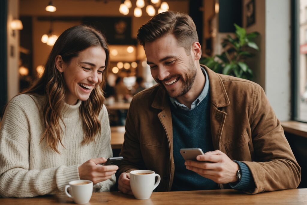 Couple souriant regardant ensemble une application de rencontre sur smartphone dans une ambiance chaleureuse et sécurisante