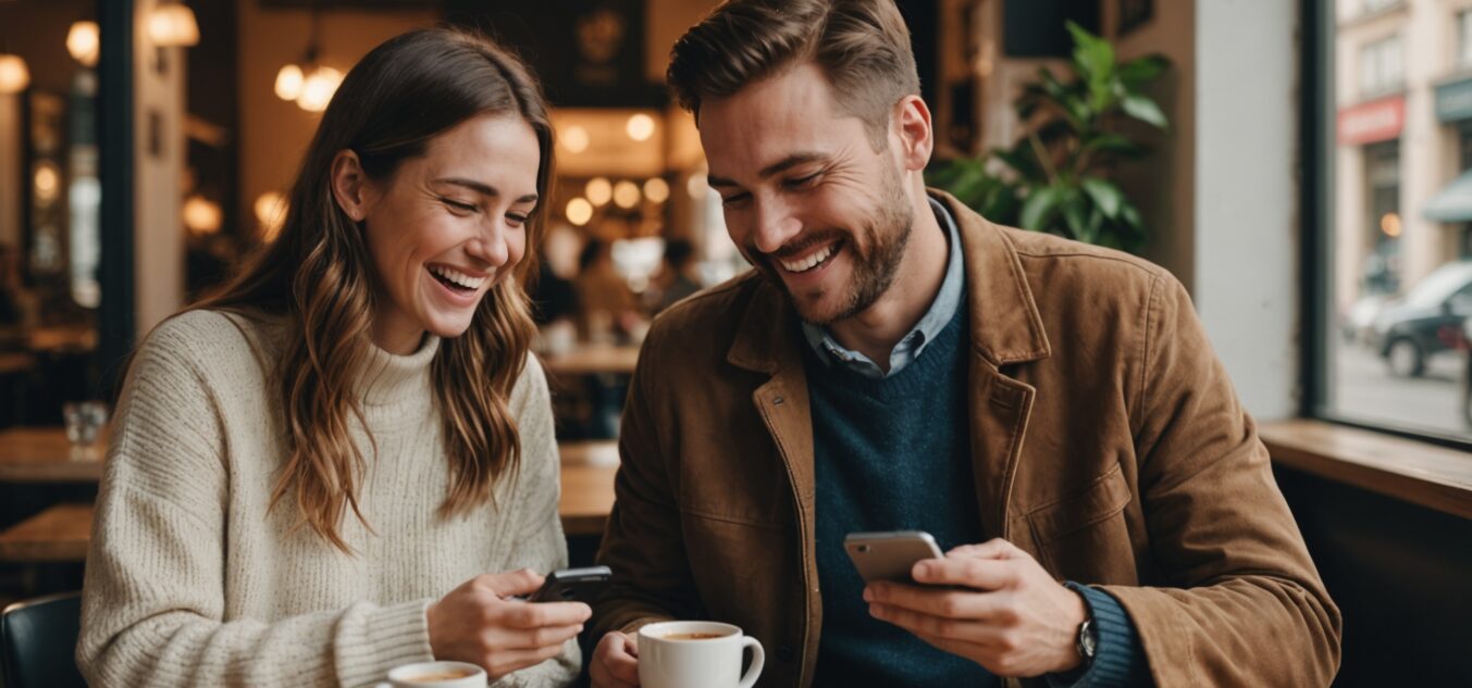 Couple souriant regardant ensemble une application de rencontre sur smartphone dans une ambiance chaleureuse et sécurisante