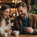 Couple souriant regardant ensemble une application de rencontre sur smartphone dans une ambiance chaleureuse et sécurisante