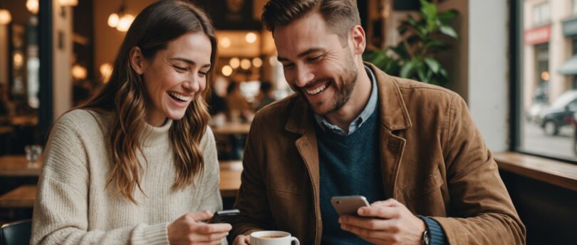 Couple souriant regardant ensemble une application de rencontre sur smartphone dans une ambiance chaleureuse et sécurisante
