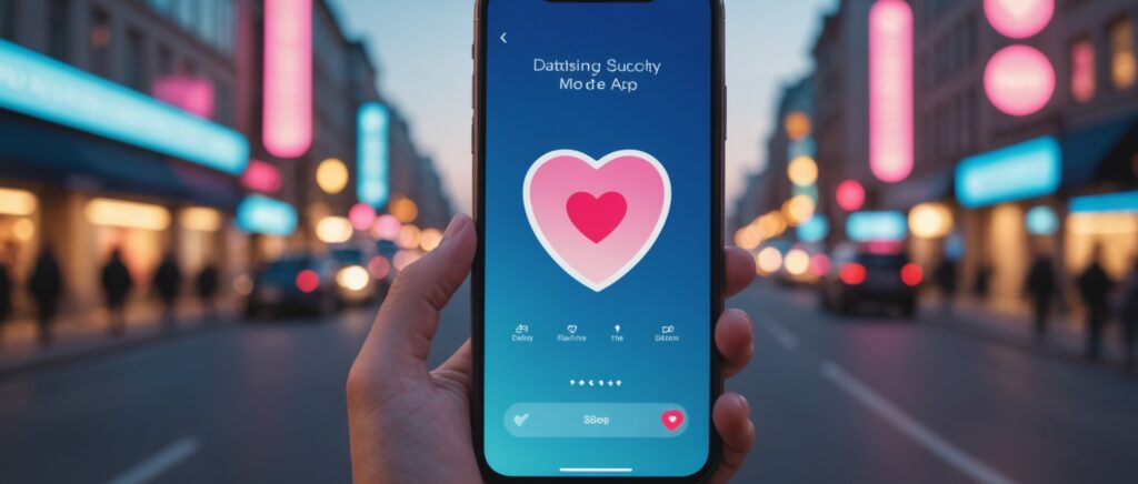 Smartphone affichant une interface d'application de rencontre stylisée avec une icône de sécurité, ambiance lifestyle