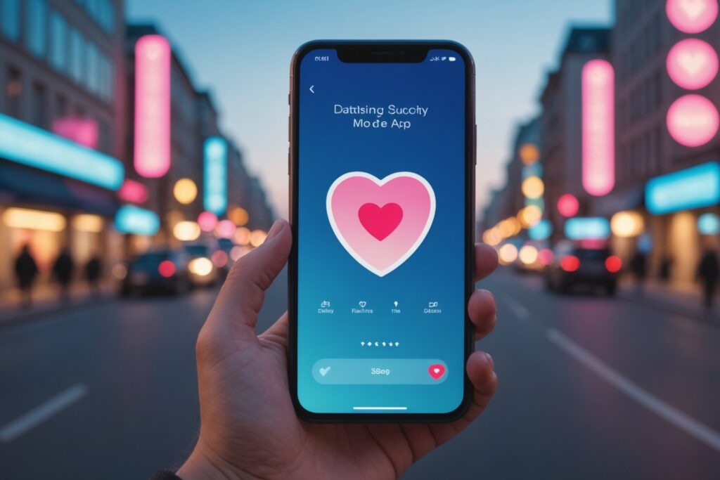 Smartphone affichant une interface d'application de rencontre stylisée avec une icône de sécurité, ambiance lifestyle