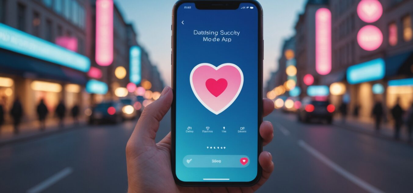 Smartphone affichant une interface d'application de rencontre stylisée avec une icône de sécurité, ambiance lifestyle