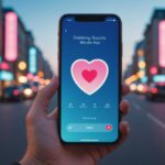 Smartphone affichant une interface d'application de rencontre stylisée avec une icône de sécurité, ambiance lifestyle