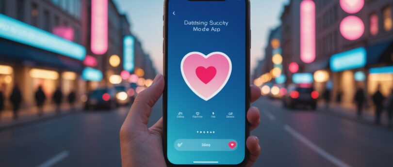 Smartphone affichant une interface d'application de rencontre stylisée avec une icône de sécurité, ambiance lifestyle