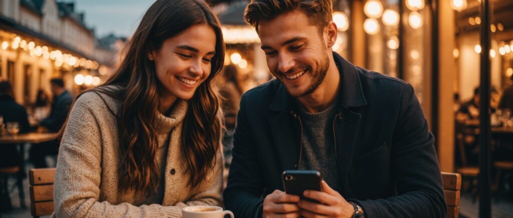 Couple souriant consultant une application de rencontre sur smartphone en terrasse au coucher du soleil