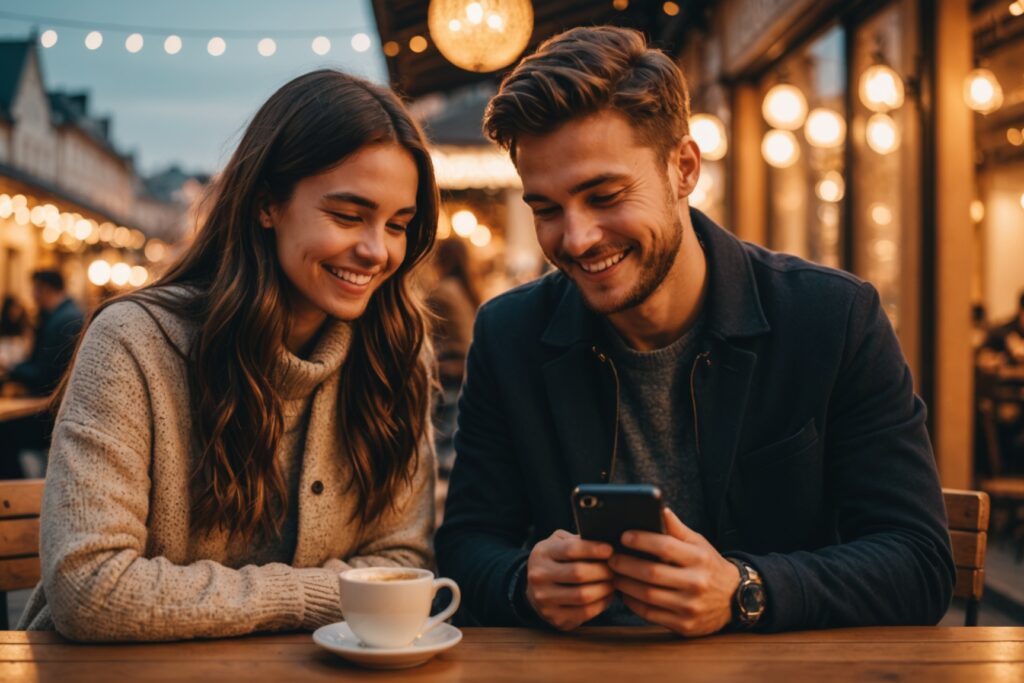 Couple souriant consultant une application de rencontre sur smartphone en terrasse au coucher du soleil