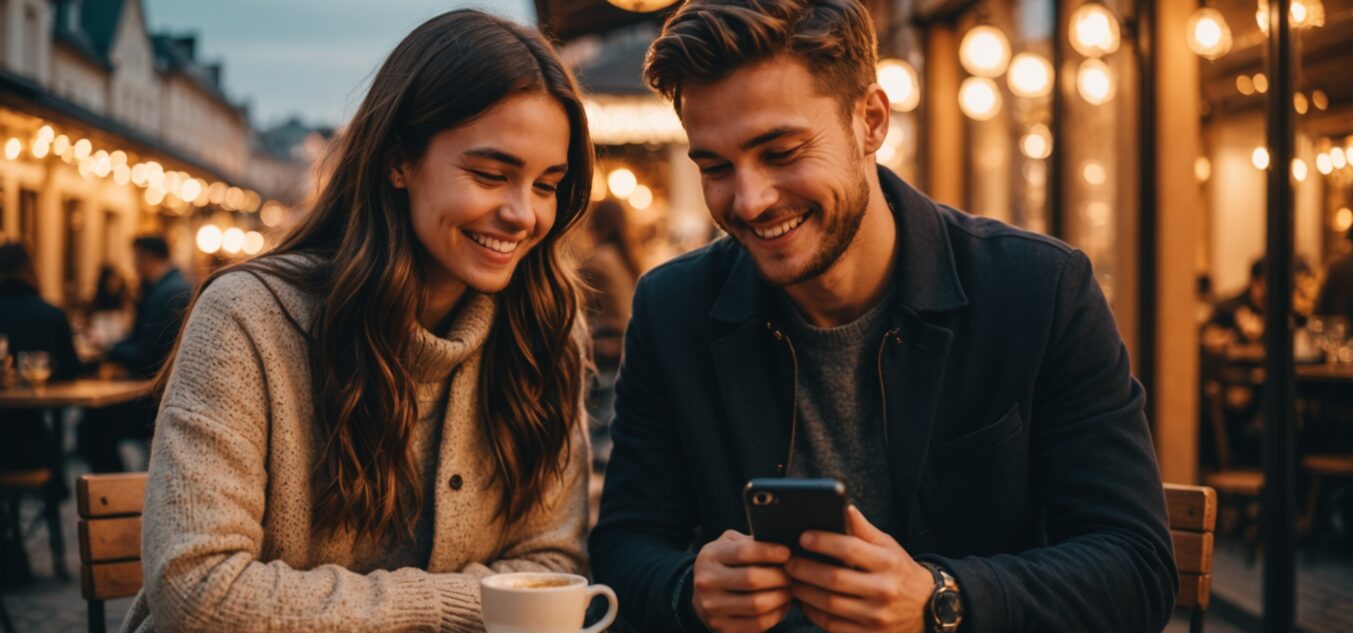 Couple souriant consultant une application de rencontre sur smartphone en terrasse au coucher du soleil