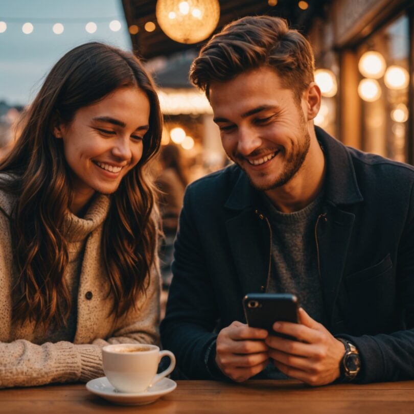 Couple souriant consultant une application de rencontre sur smartphone en terrasse au coucher du soleil