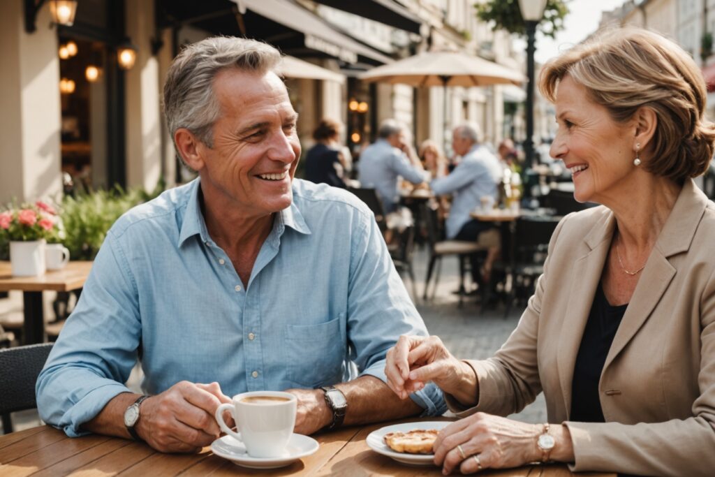 Couple senior souriant partageant un moment complice en terrasse
