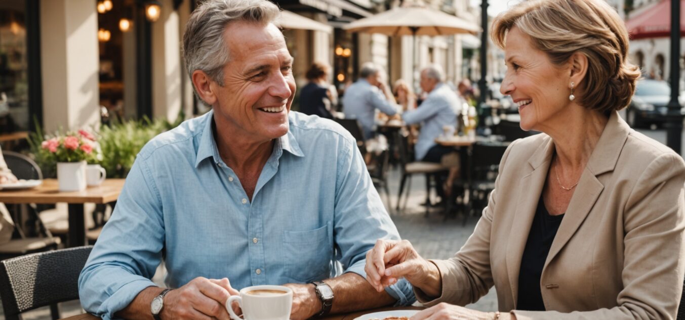 Couple senior souriant partageant un moment complice en terrasse