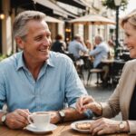Couple senior souriant partageant un moment complice en terrasse