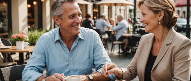 Couple senior souriant partageant un moment complice en terrasse