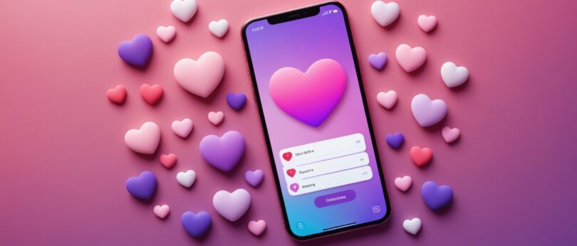 Smartphone avec interface d'application de rencontre stylisee sur fond rose et violet degrade