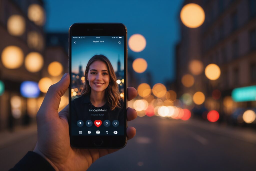 Smartphone affichant un appel vidéo sur une application de rencontre, ambiance romantique
