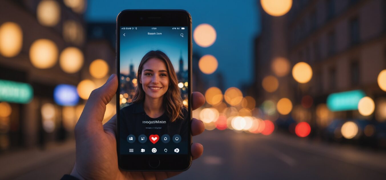 Smartphone affichant un appel vidéo sur une application de rencontre, ambiance romantique