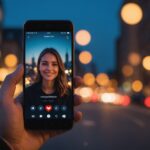 Smartphone affichant un appel vidéo sur une application de rencontre, ambiance romantique