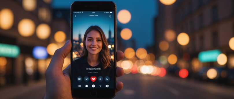Smartphone affichant un appel vidéo sur une application de rencontre, ambiance romantique