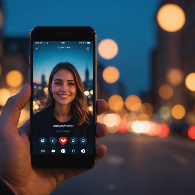 Smartphone affichant un appel vidéo sur une application de rencontre, ambiance romantique