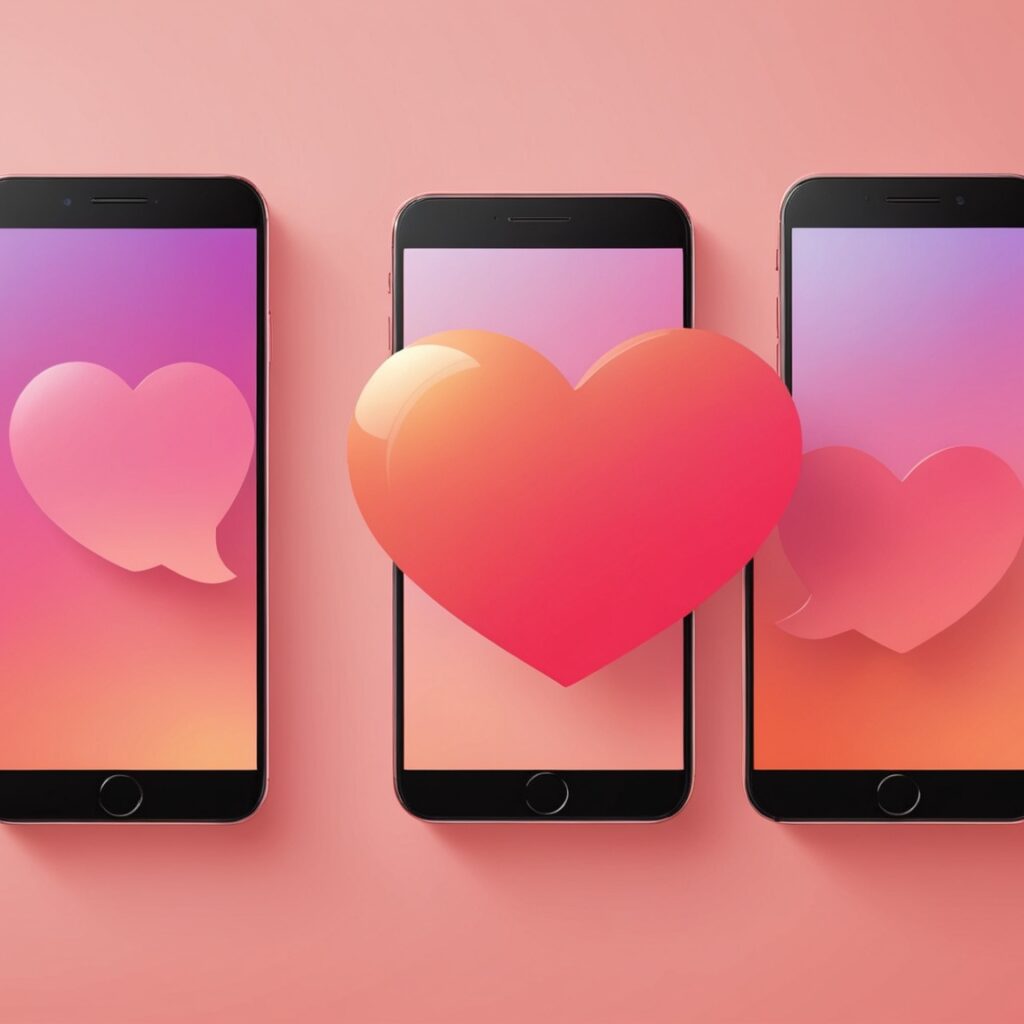 Deux smartphones avec un coeur lumineux entre eux, symbole d'une mise en relation sur une application de rencontre