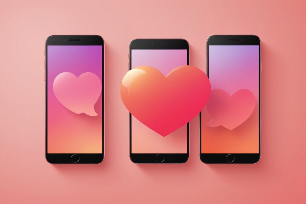 Deux smartphones avec un coeur lumineux entre eux, symbole d'une mise en relation sur une application de rencontre