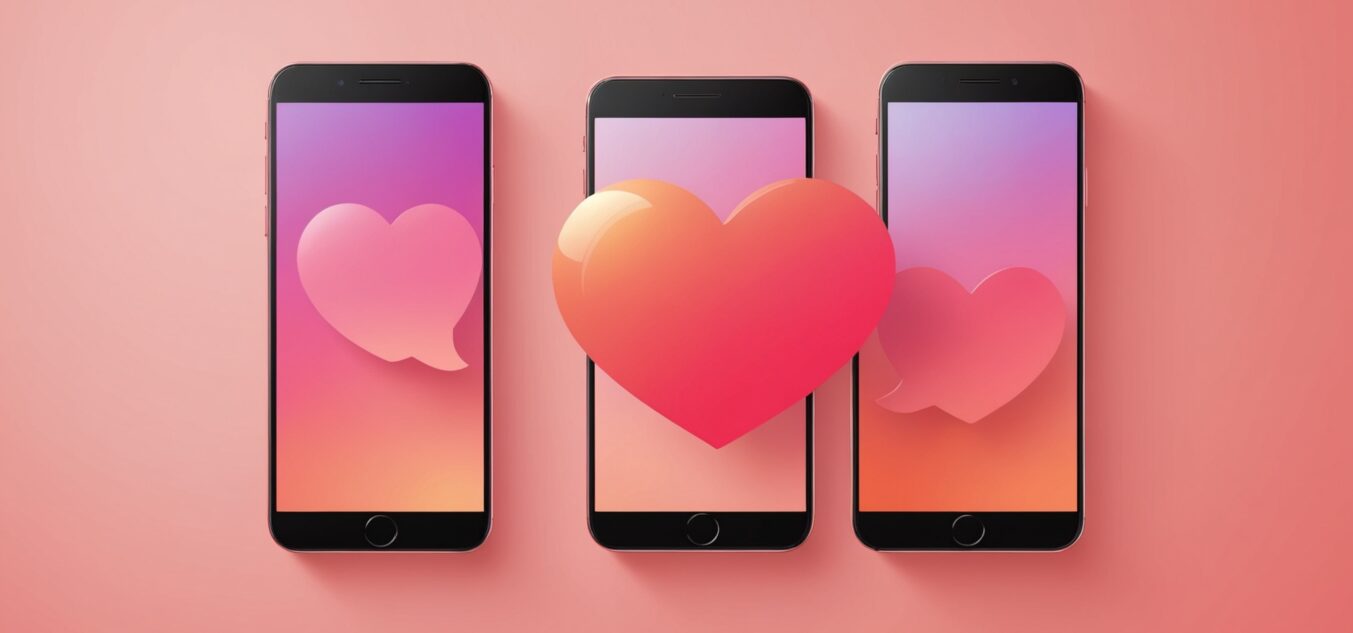 Deux smartphones avec un coeur lumineux entre eux, symbole d'une mise en relation sur une application de rencontre