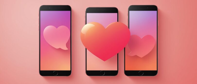 Deux smartphones avec un coeur lumineux entre eux, symbole d'une mise en relation sur une application de rencontre