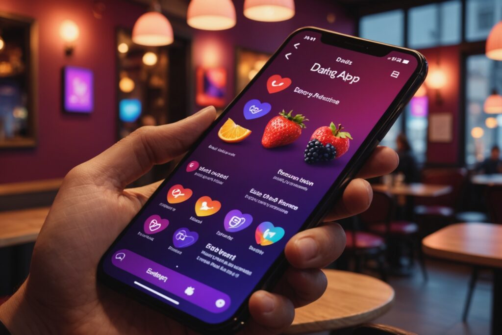 Interface stylisée d'une application de rencontre coquine avec icônes de fruits