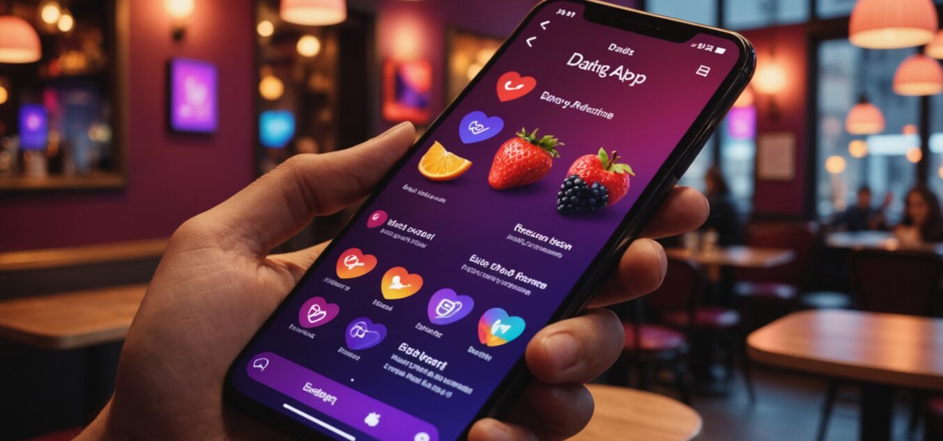 Interface stylisée d'une application de rencontre coquine avec icônes de fruits