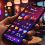 Interface stylisée d'une application de rencontre coquine avec icônes de fruits