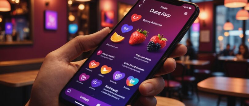 Interface stylisée d'une application de rencontre coquine avec icônes de fruits