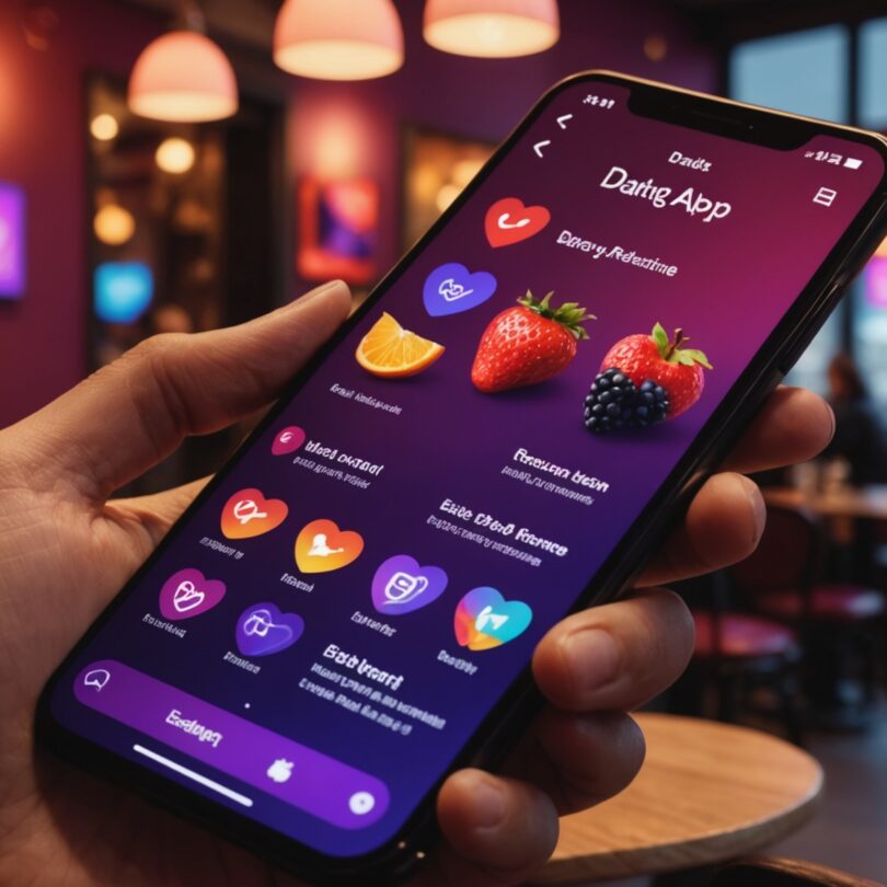 Interface stylisée d'une application de rencontre coquine avec icônes de fruits