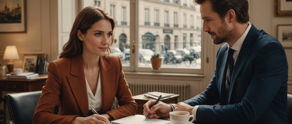 Conseillère d'agence matrimoniale échangeant avec un client à Paris