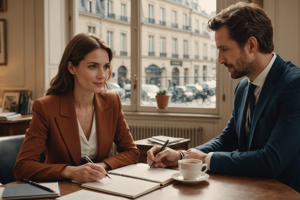 Conseillère d'agence matrimoniale échangeant avec un client à Paris