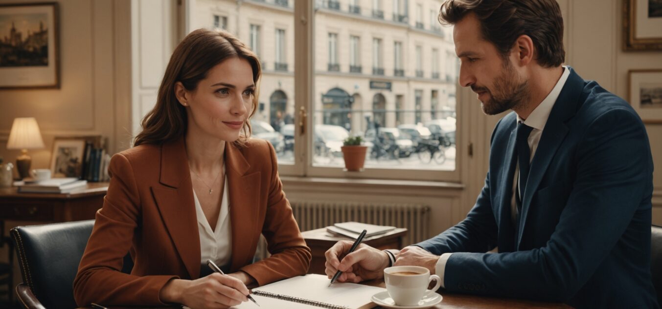 Conseillère d'agence matrimoniale échangeant avec un client à Paris
