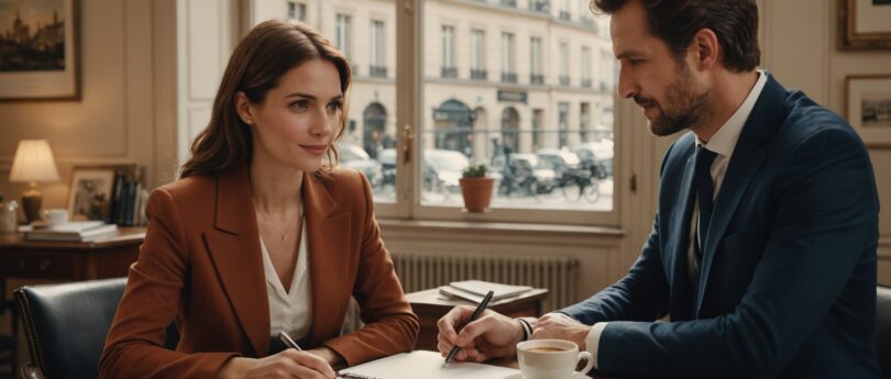 Conseillère d'agence matrimoniale échangeant avec un client à Paris