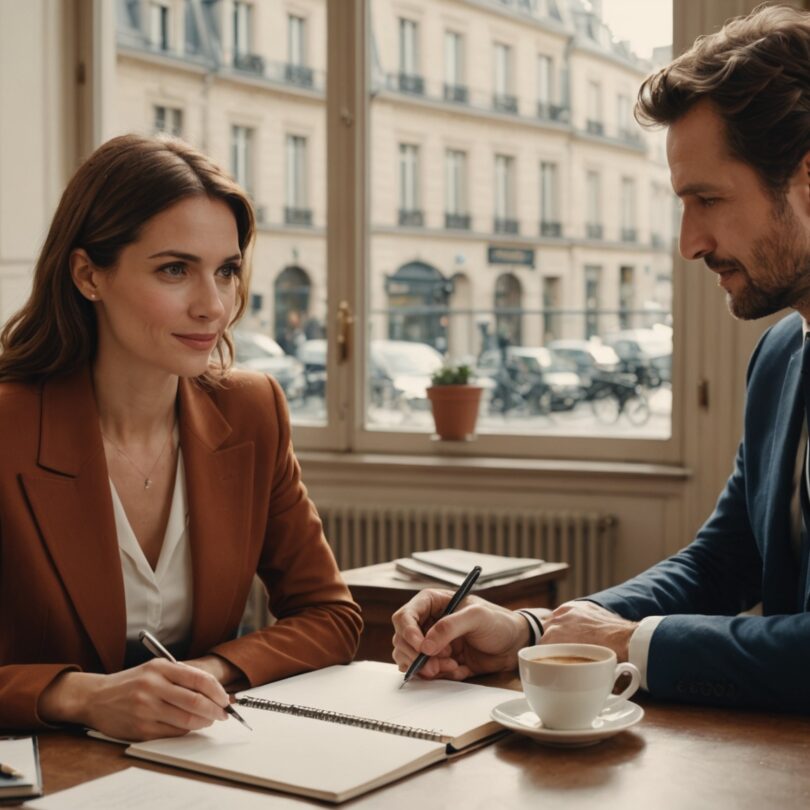 Conseillère d'agence matrimoniale échangeant avec un client à Paris